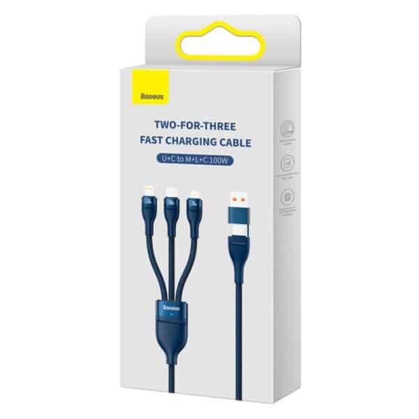 Baseus Two-for-three Fast Charging Cable (U+C to M+L+C) 100w- Blue - Image 2