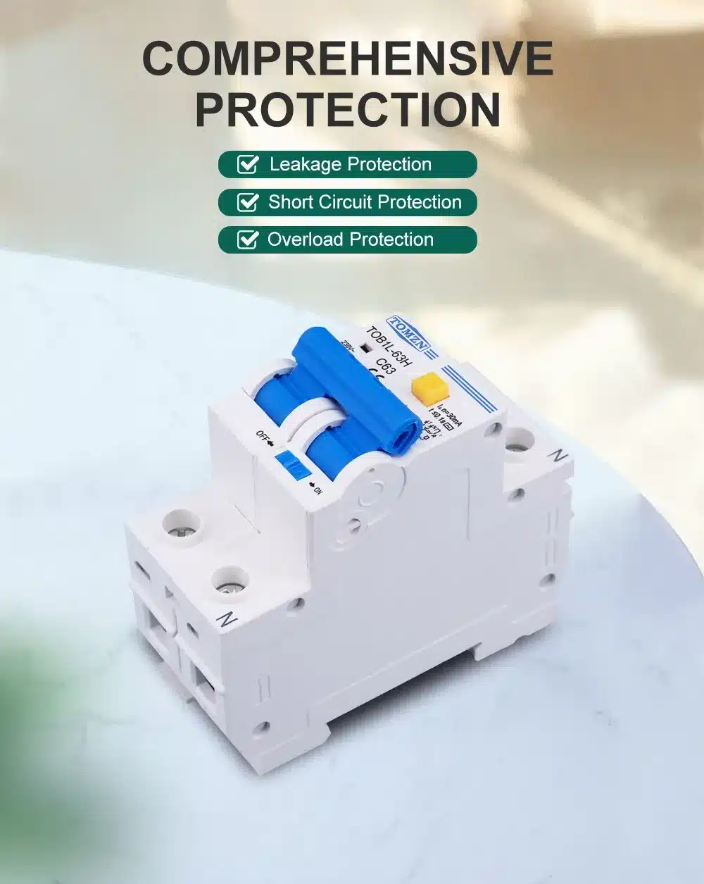 Close-up view of TOMZN RCBO TOB1L-63H with dual pole protection

