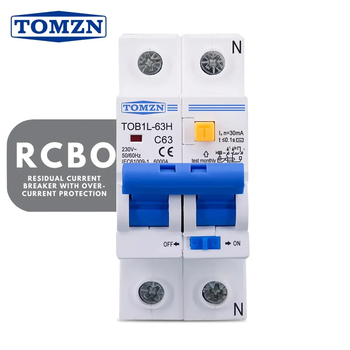 TOMZN RCBO TOB1L-63H 2P 63A Residual Current Circuit Breaker in Bangladesh